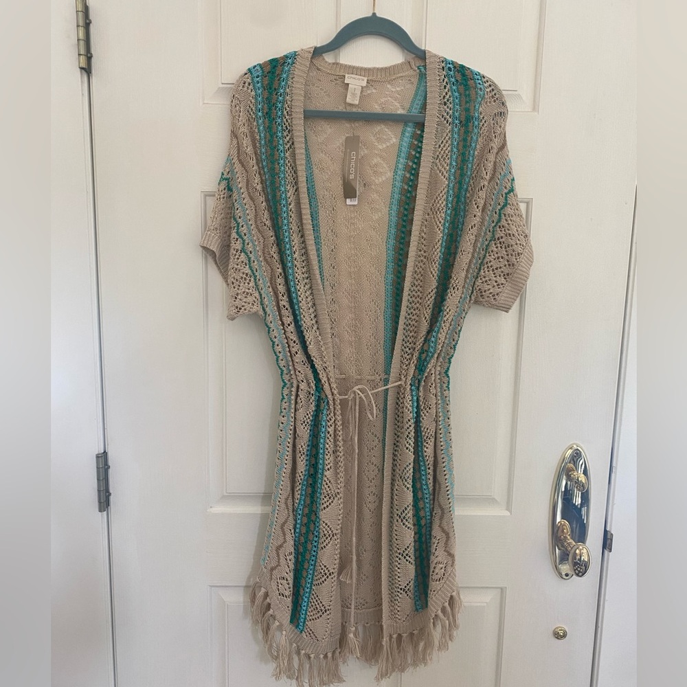 Chicos Teal mix fringe cardigan NWT